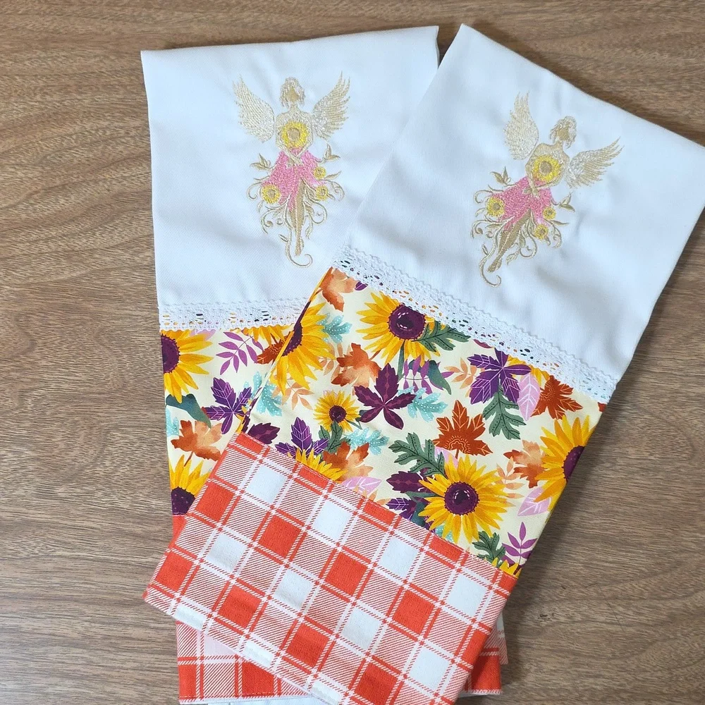 Handcrafted Embroidered Floral Angel Tea Towels Set 2 18